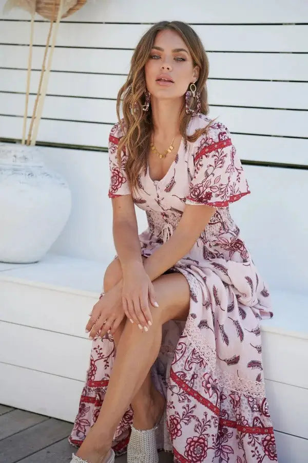 Robe Longue Rose Bohème Fleurie | Dame Fleur