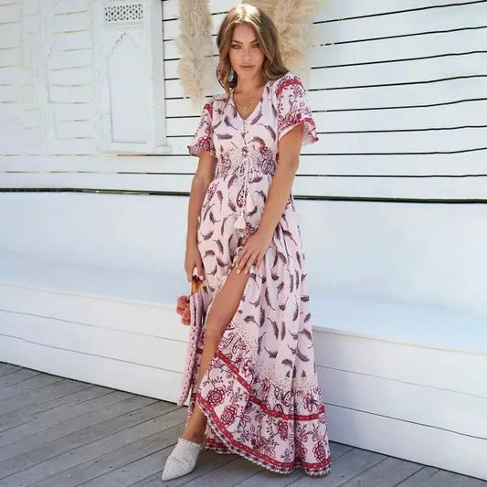 Robe Longue Rose Bohème Fleurie | Dame Fleur