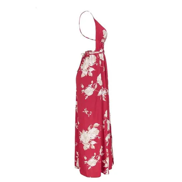 Robe Longue Rouge Fleurie Dos Nu | Dame Fleur