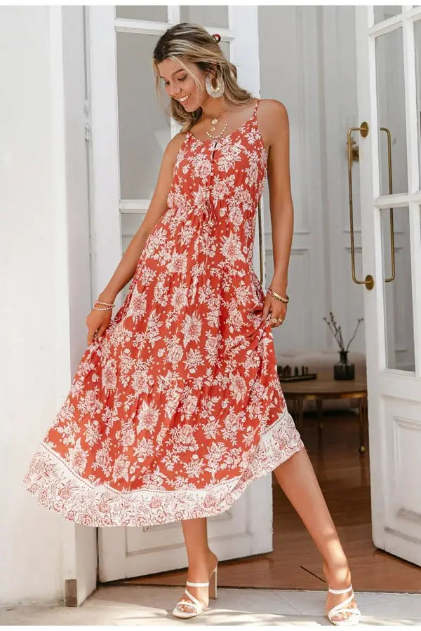 Robe Longue Rouge Fleurie Romantique | Dame Fleur