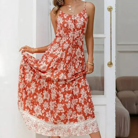Robe Longue Rouge Fleurie Romantique | Dame Fleur