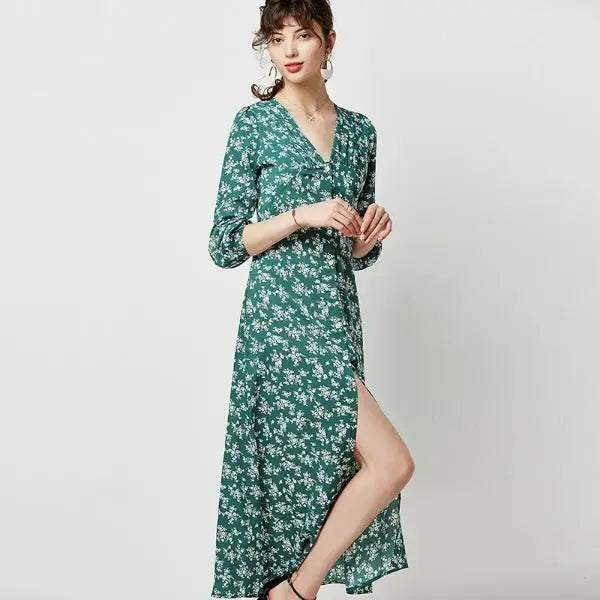 Robe Longue Verte Fleurie | Dame Fleur