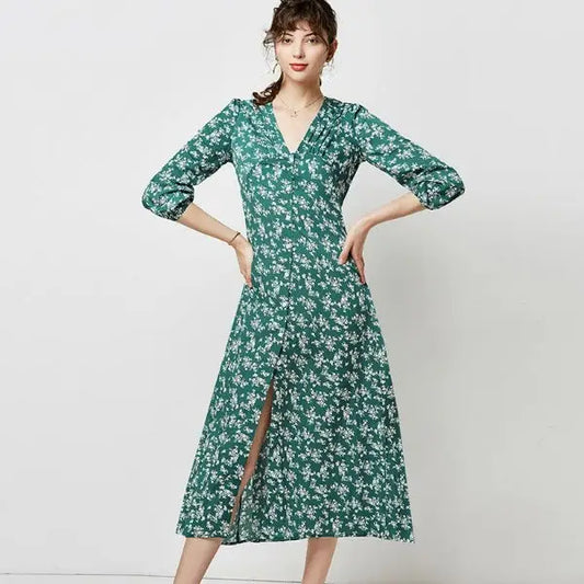 Robe Longue Verte Fleurie | Dame Fleur