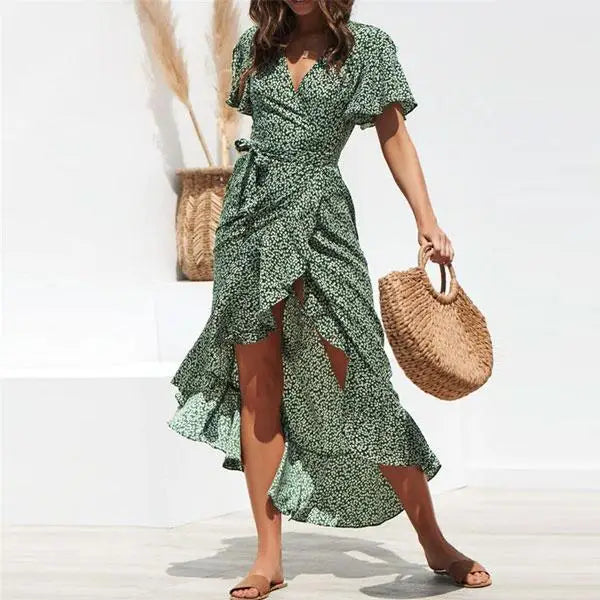Robe Longue Verte Fleurs Blanches | Dame Fleur
