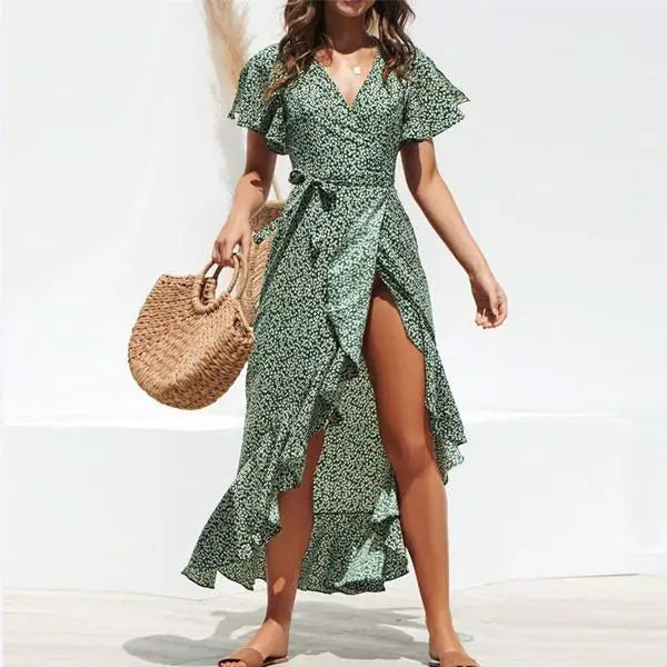 Robe Longue Verte Fleurs Blanches | Dame Fleur