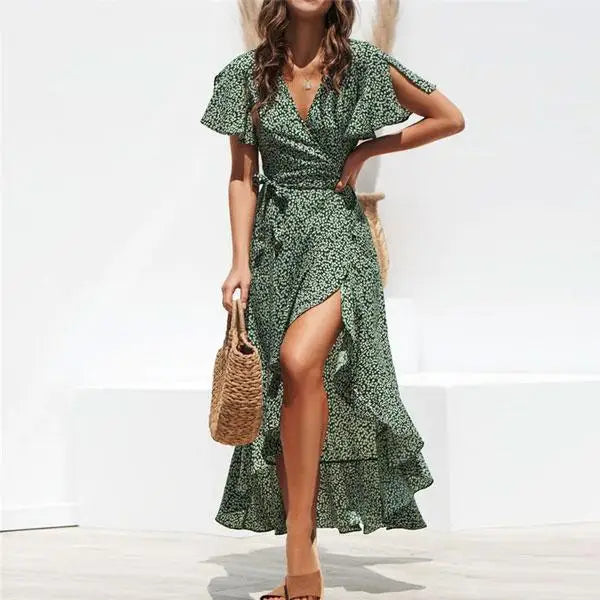 Robe Longue Verte Fleurs Blanches | Dame Fleur