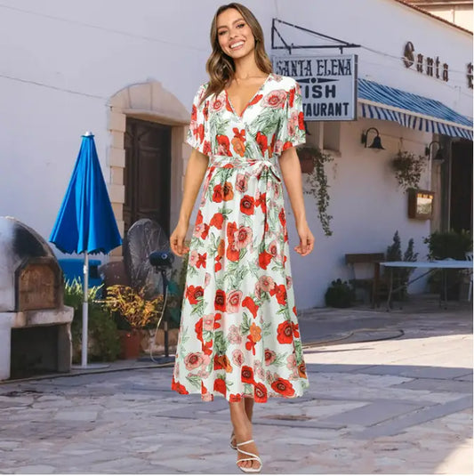 Robe Mi-Longue à Fleurs Rouge | Dame Fleur