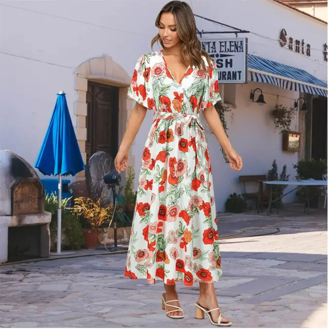 Robe Mi-Longue à Fleurs Rouge | Dame Fleur