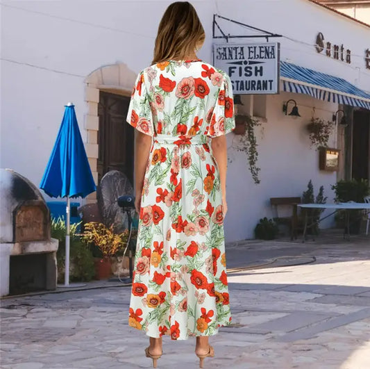 Robe Mi-Longue à Fleurs Rouge | Dame Fleur