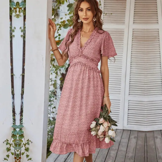 Robe Mi-Longue Fleurie Manches Courtes | Dame Fleur