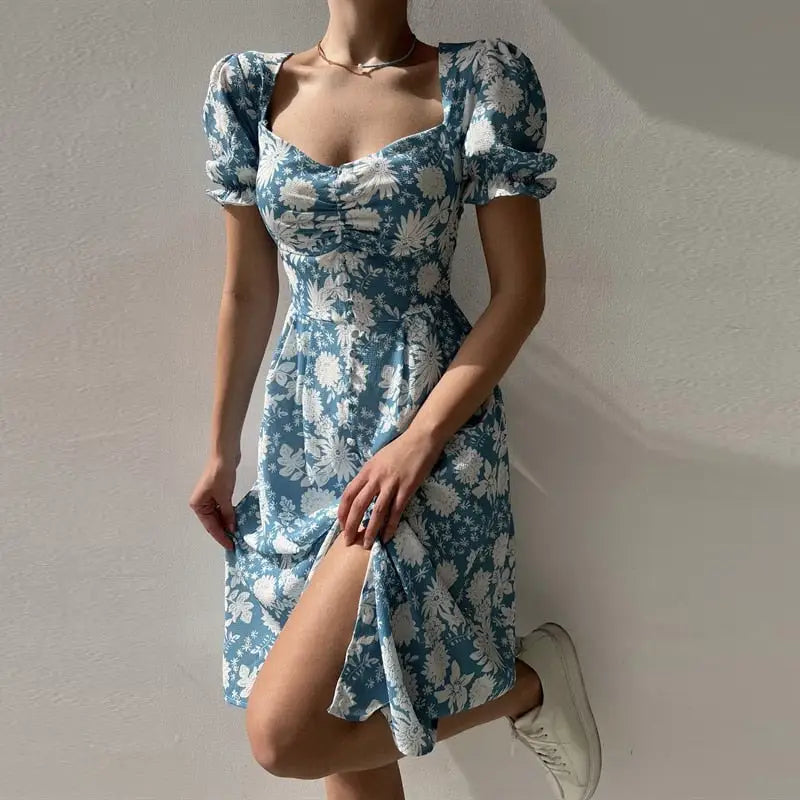 Robe Mi-Longue Fleurie Manches Courtes Bouffantes | Dame