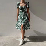Robe Mi-Longue Fleurie Manches Courtes Bouffantes - Vignette | Dame Fleur