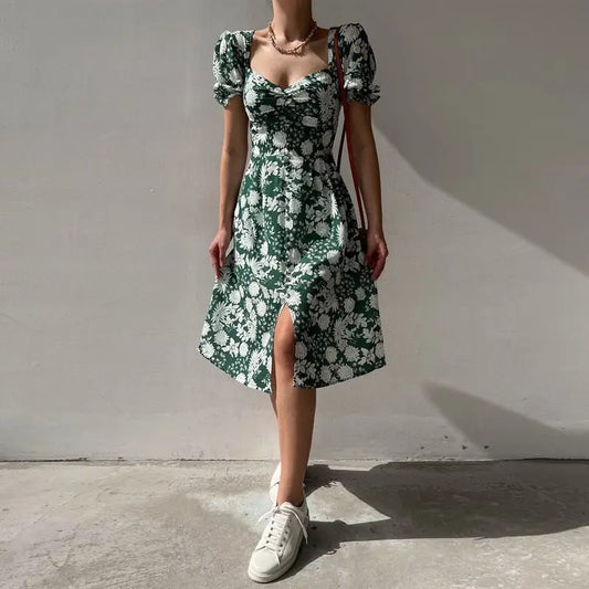Robe Mi-Longue Fleurie Manches Courtes Bouffantes | Dame