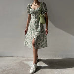 Robe Mi-Longue Fleurie Manches Courtes Bouffantes - Vignette | Dame Fleur