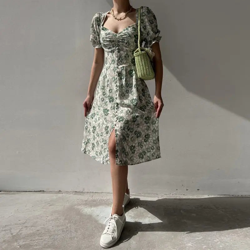 Robe Mi-Longue Fleurie Manches Courtes Bouffantes | Dame