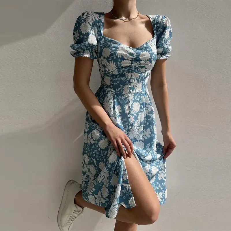 Robe Mi-Longue Fleurie Manches Courtes Bouffantes | Dame