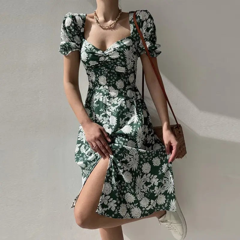 Robe Mi-Longue Fleurie Manches Courtes Bouffantes | Dame