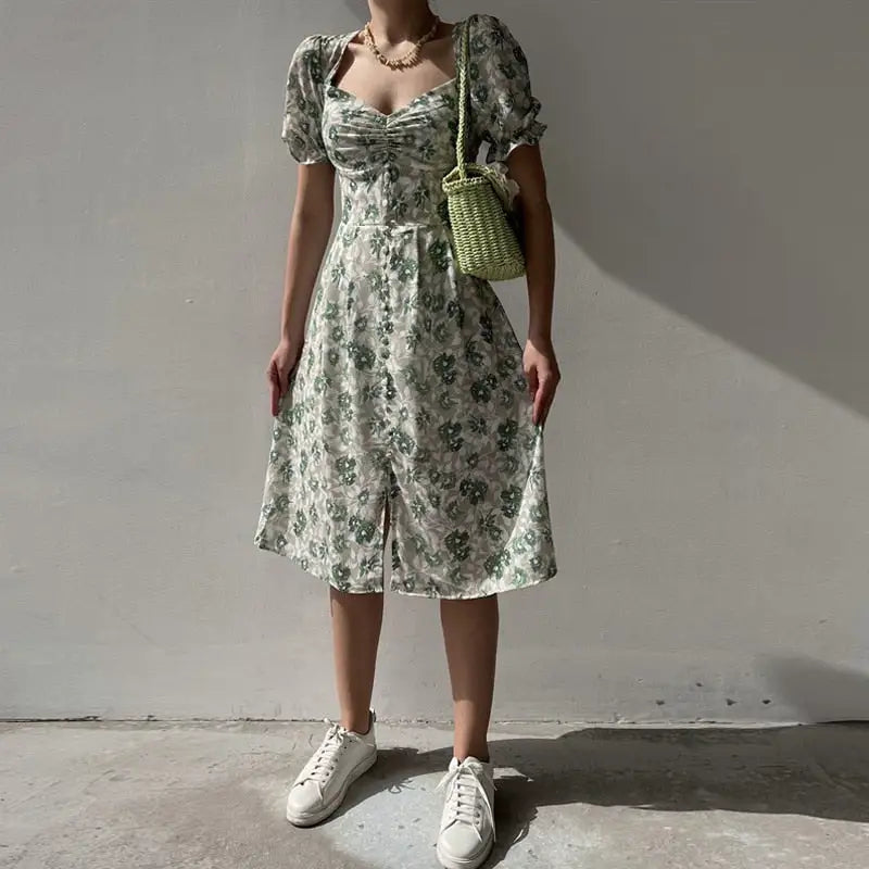 Robe Mi-Longue Fleurie Manches Courtes Bouffantes | Dame