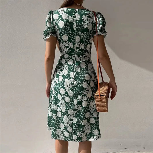 Robe Mi-Longue Fleurie Manches Courtes Bouffantes | Dame