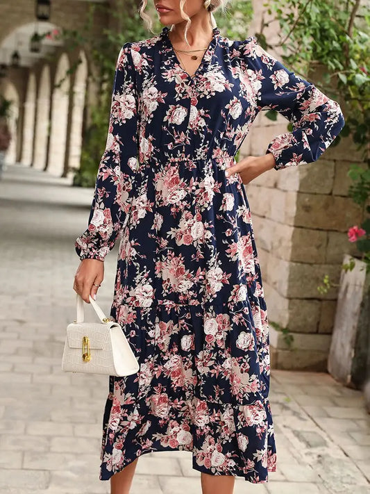 Robe Mi-Longue Fleurie Manches Longues | Dame Fleur