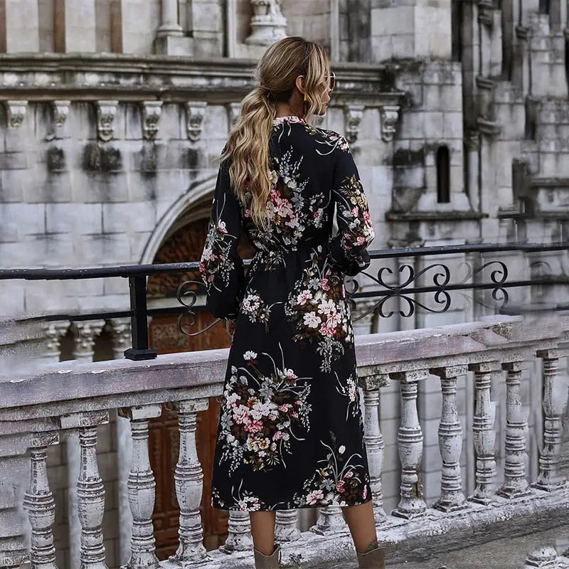 Robe Mi-Longue Fleurie Noire | Dame Fleur