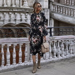 Robe Mi-Longue Fleurie Noire - Vignette | Dame Fleur