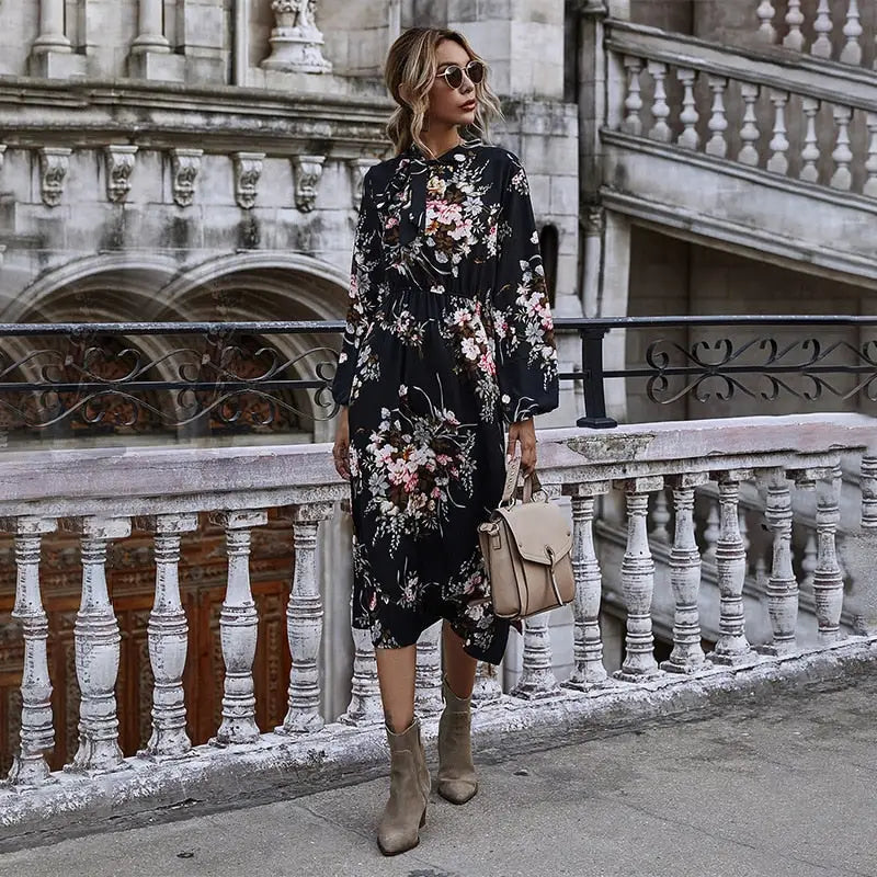 Robe Mi-Longue Fleurie Noire | Dame Fleur