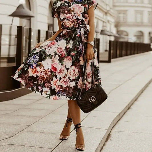 Robe Mi-Longue Fleurie Rose Rouge | Dame Fleur