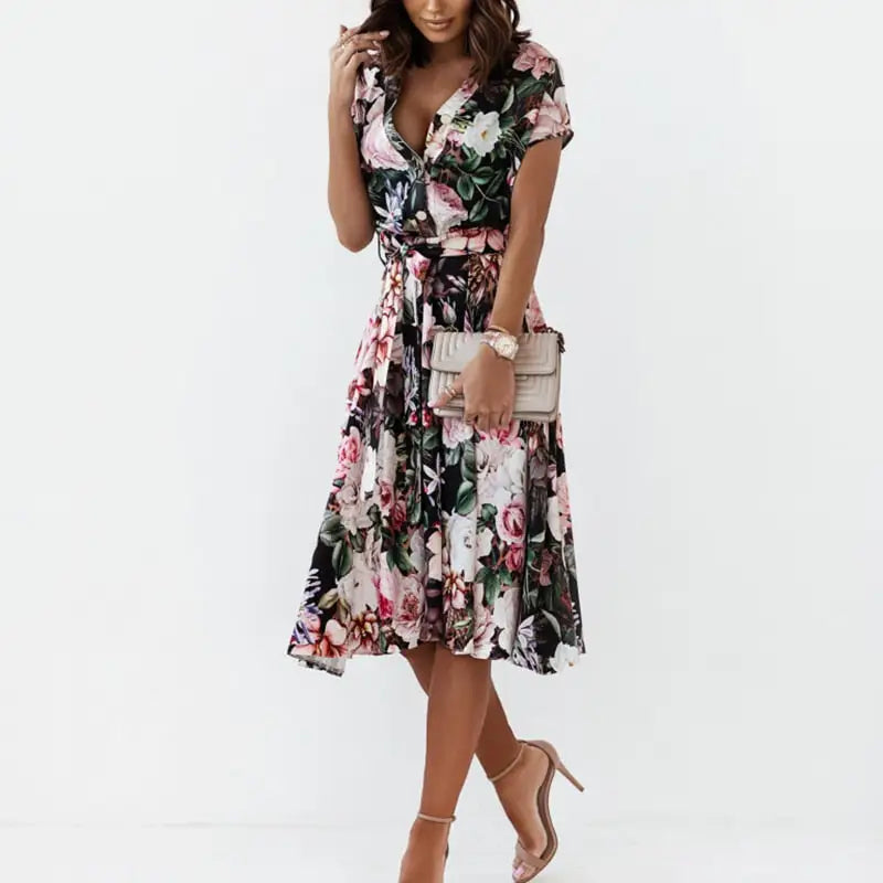 Robe Mi-Longue Fleurie Rose Rouge | Dame Fleur