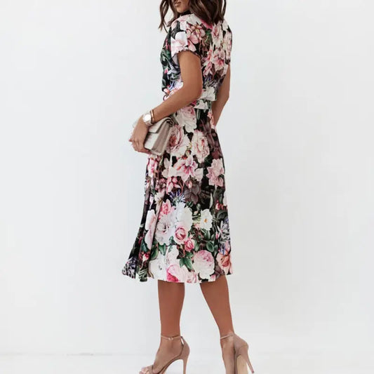 Robe Mi-Longue Fleurie Rose Rouge | Dame Fleur
