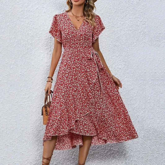 Robe Mi-Longue Fleurie Rouge | Dame Fleur