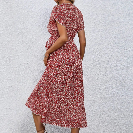 Robe Mi-Longue Fleurie Rouge | Dame Fleur