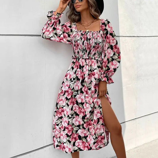 Robe Mi-Longue Manches Longues Fleurie | Dame Fleur