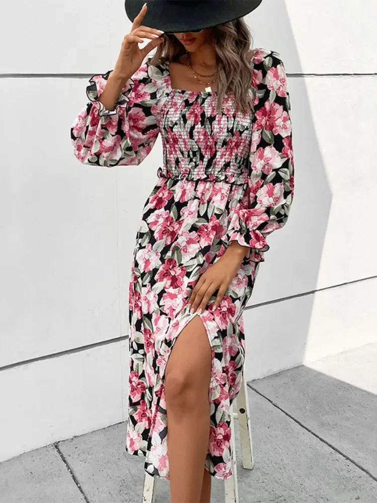 Robe Mi-Longue Manches Longues Fleurie | Dame Fleur