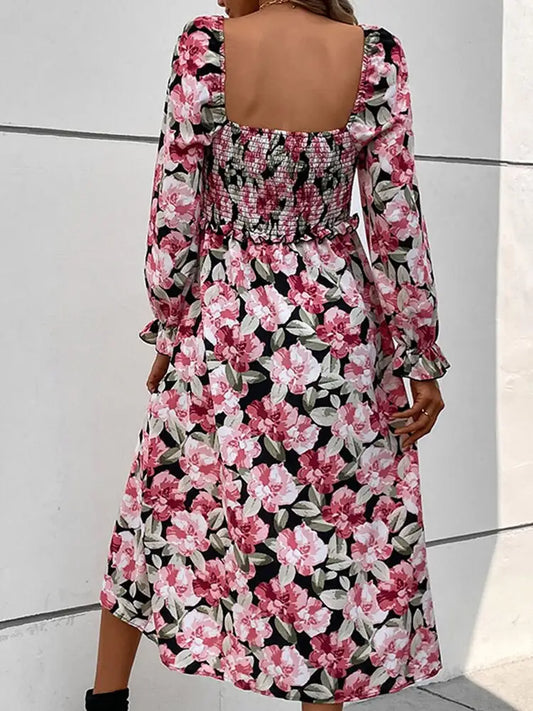 Robe Mi-Longue Manches Longues Fleurie | Dame Fleur