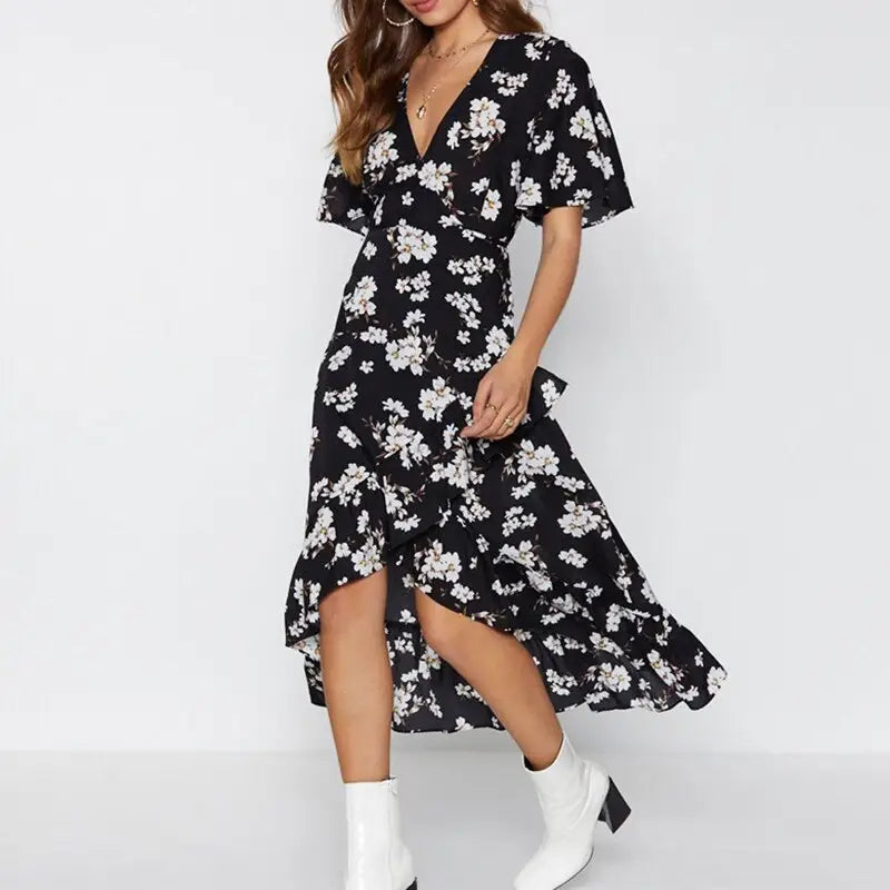 Robe Mi-Longue Noire Fleurie | Dame Fleur