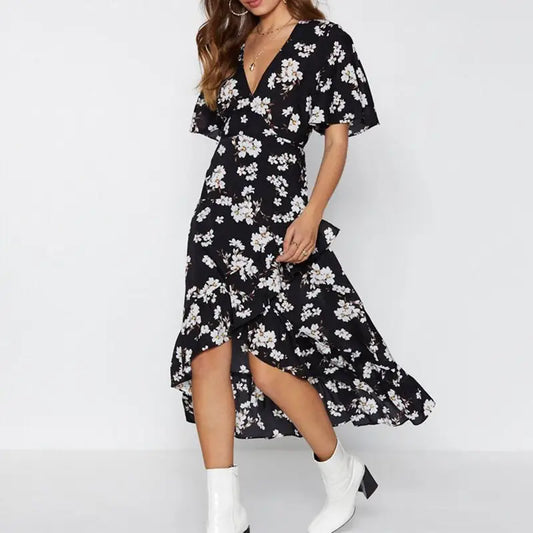 Robe Mi-Longue Noire Fleurie | Dame Fleur