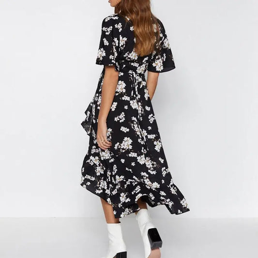 Robe Mi-Longue Noire Fleurie | Dame Fleur