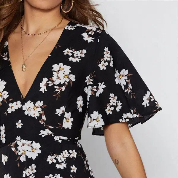 Robe Mi-Longue Noire Fleurie | Dame Fleur