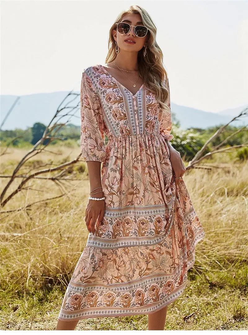 Robe Mi-Longue Style Bohème Fleurie | Dame Fleur