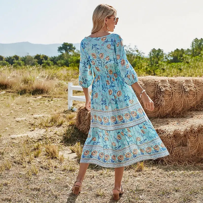 Robe Mi-Longue Style Bohème Fleurie | Dame Fleur
