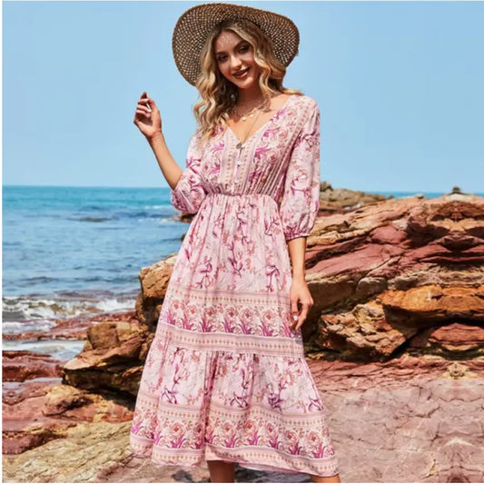 Robe Mi-Longue Style Bohème Fleurie | Dame Fleur