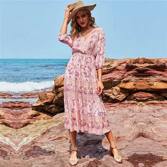 Robe Mi-Longue Style Bohème Fleurie | Dame Fleur
