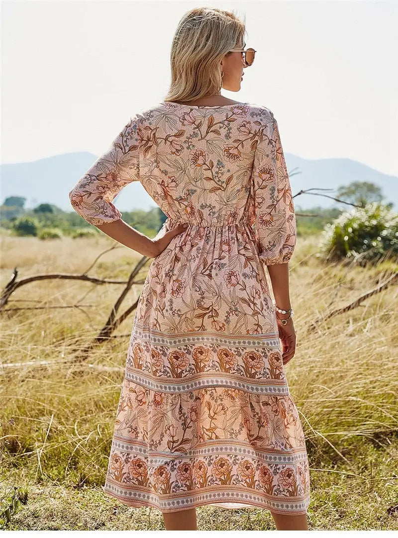 Robe Mi-Longue Style Bohème Fleurie | Dame Fleur