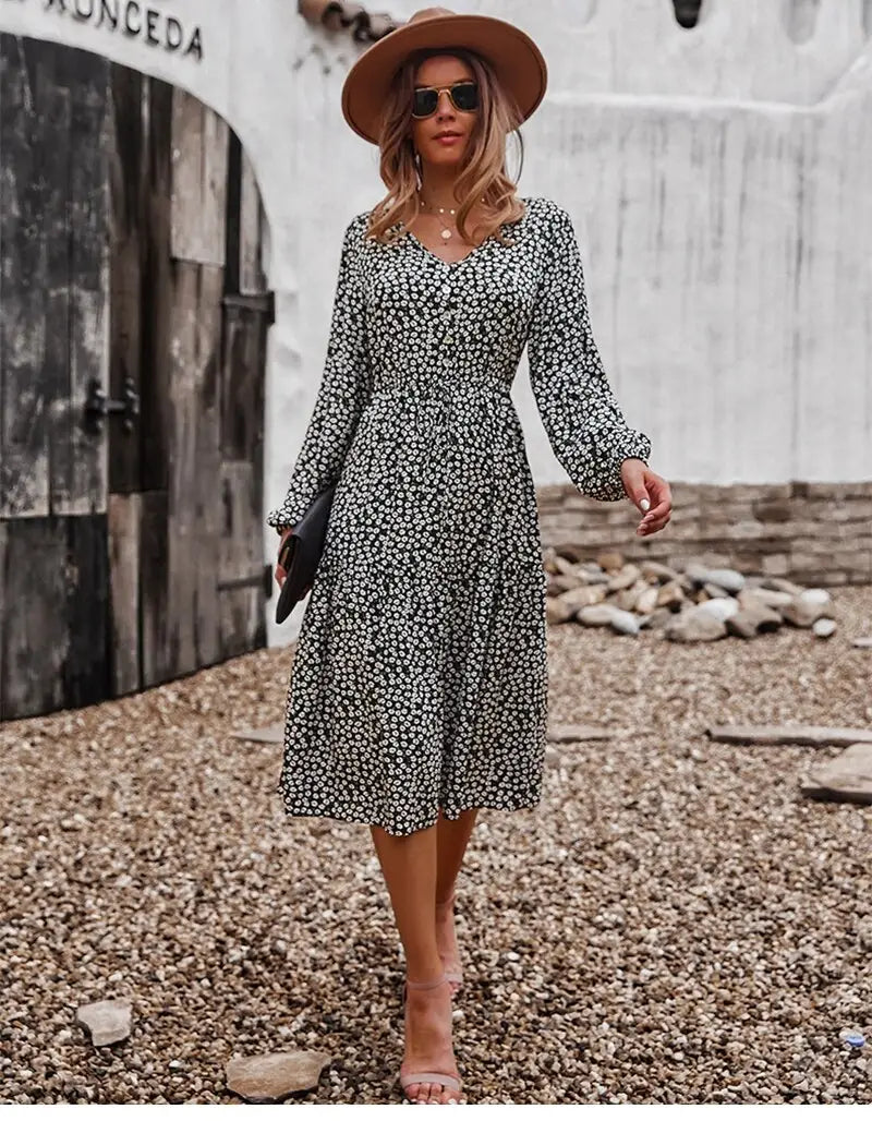 Robe Midi Fleurie Manches Longues | Dame Fleur