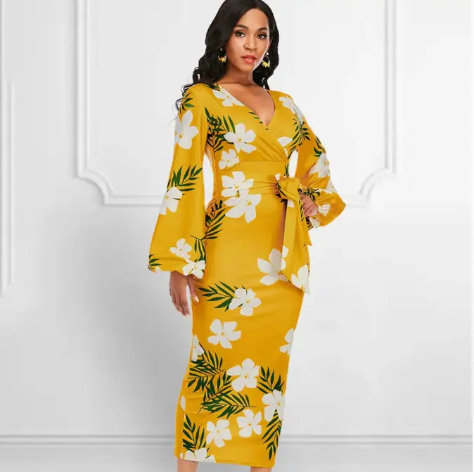 Robe Moulante Fleurie Jaune | Dame Fleur