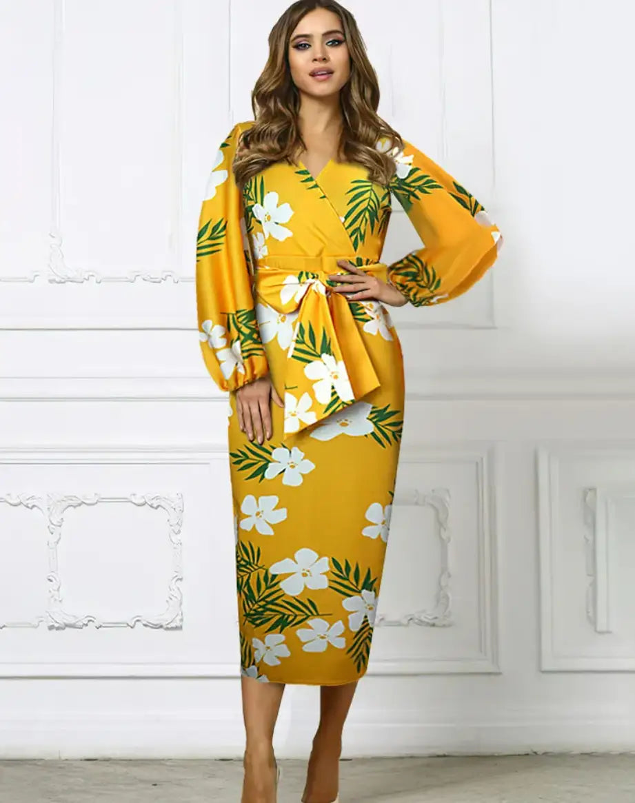 Robe Moulante Fleurie Jaune | Dame Fleur