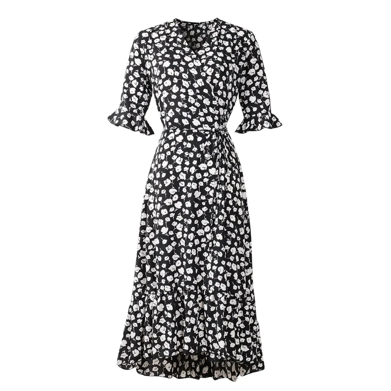 Robe Noir Fleur Blanche Mi-Longue | Dame Fleur