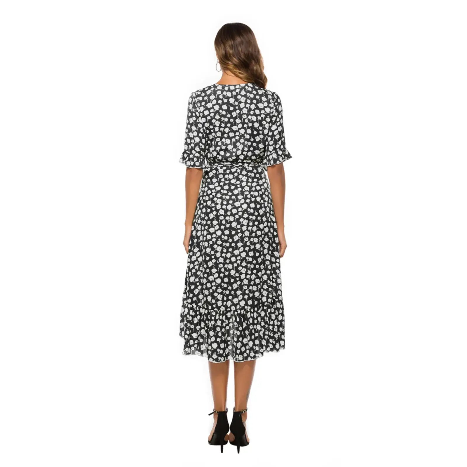 Robe Noir Fleur Blanche Mi-Longue | Dame Fleur