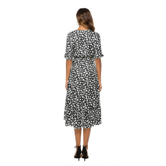 Robe Noir Fleur Blanche Mi-Longue | Dame Fleur